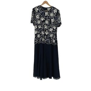 Vtg‎ Adrianna Papell Evening Beaded Sequin Floral Navy Blue Silk Dress Size 14